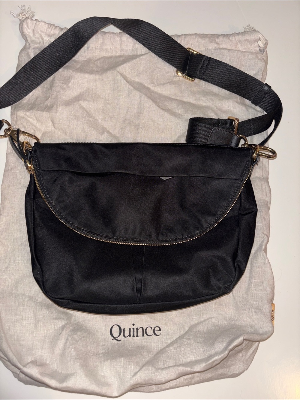 Quince Black Nylon Crossbody Bag with Gold Hardware